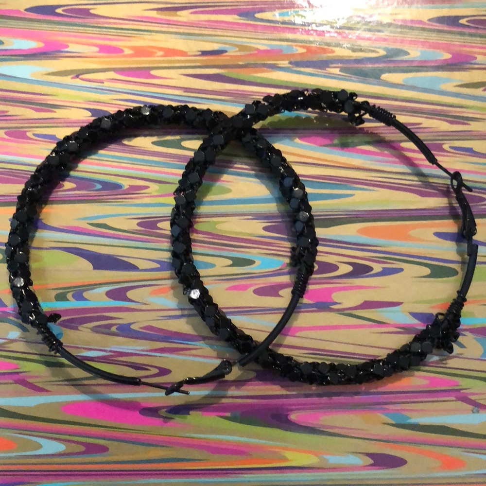 Large Black sequence hoop earrings